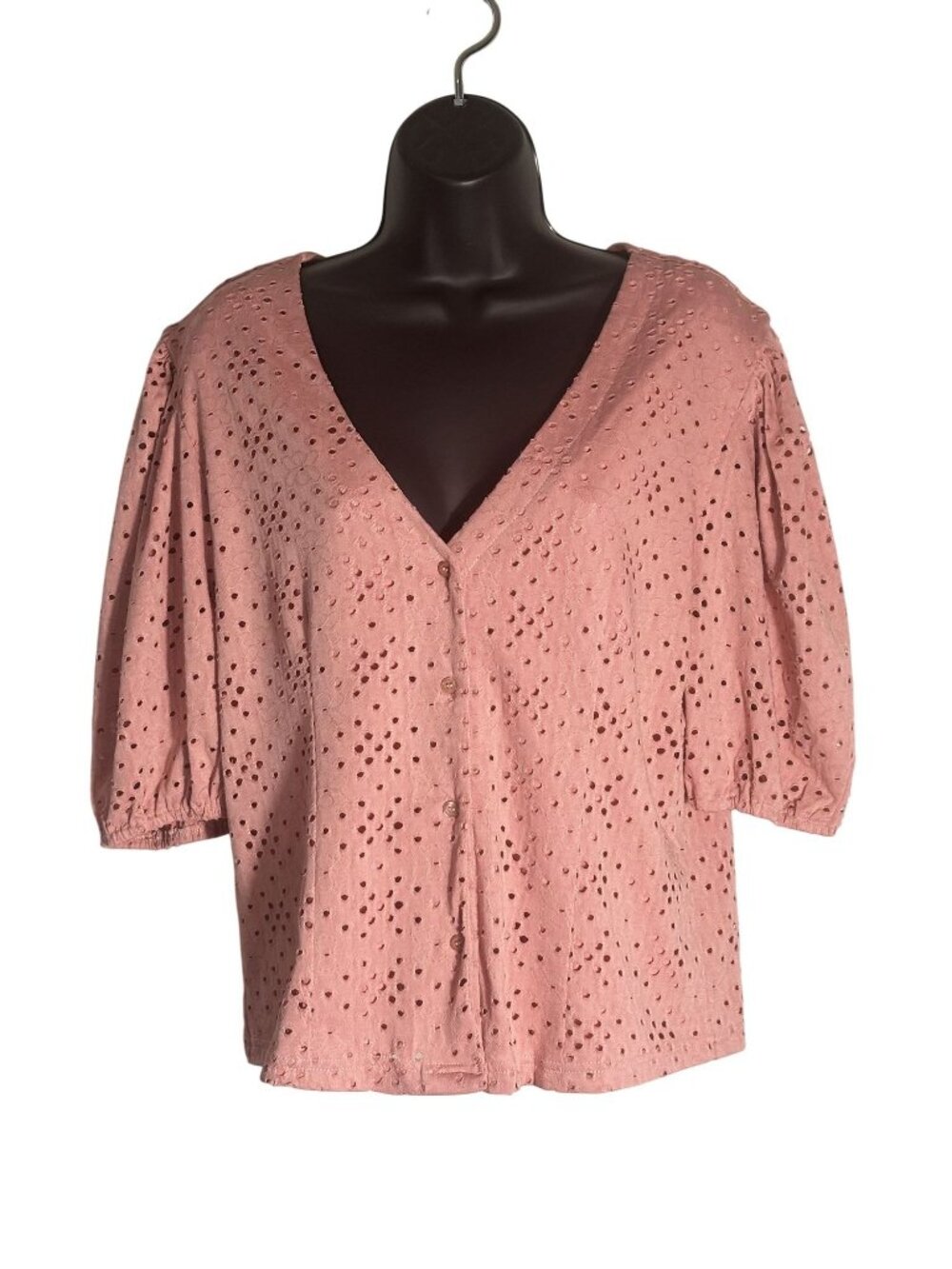 The Shirt Rochelle Behrens Dusty Rose Eyelet Puff Sleeve Button-Down Top Large
